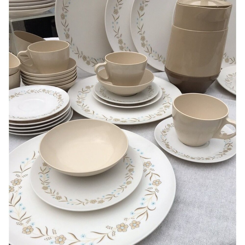 VTG 60s Melmac Royalon 42pc Dish Set 8 HTF Tan Blu Floral Scandinavian USA MCM 2